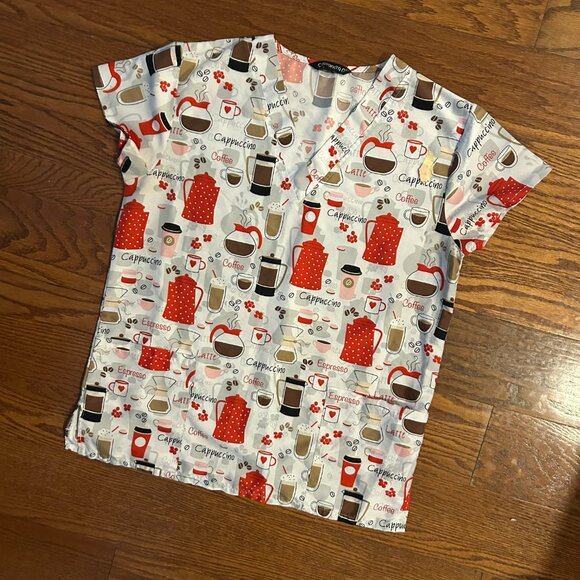 LOVE YOU LATTE Scrub Top Ladies  V-Neck 2 Pocket Scrub Top Size Small Coffee - Picture 2 of 11